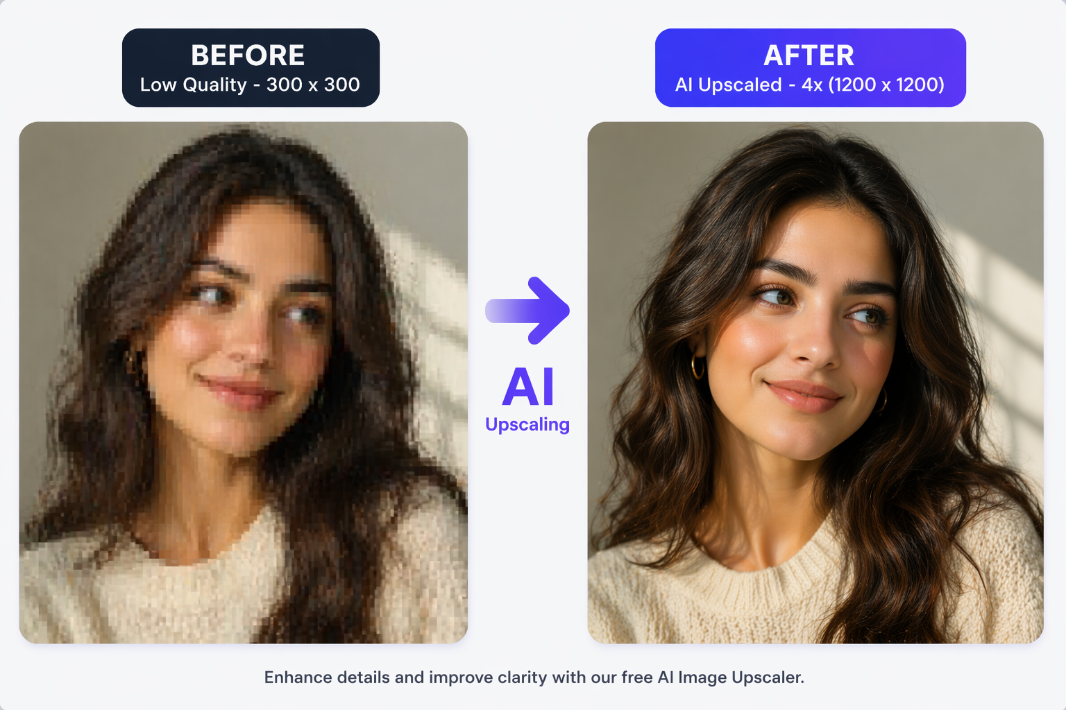 AI image upscaler before and after comparison showing resolution improvement